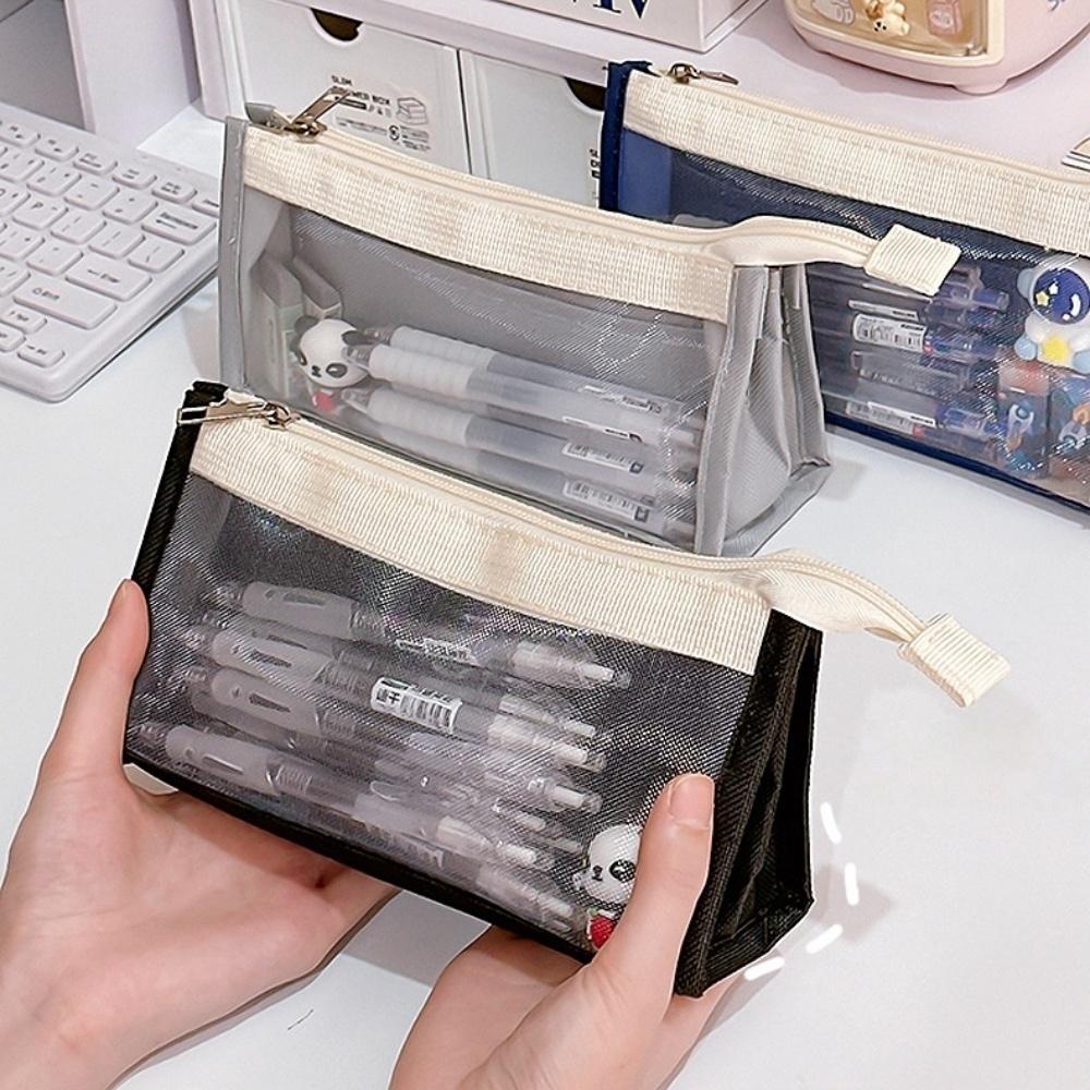 Trousse à crayons en maille transparente Color Block Sac de rangement pour stylos pour examen Minimaliste Grande capacité Multi-couches Papeterie