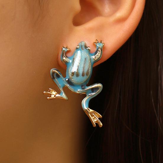 1 Pair Stud Earrings Enamel Dripping Glossy Frog Shape Ear Studs Hip Hop Style 3D Frog Split Design Earrings Jewelry Gift