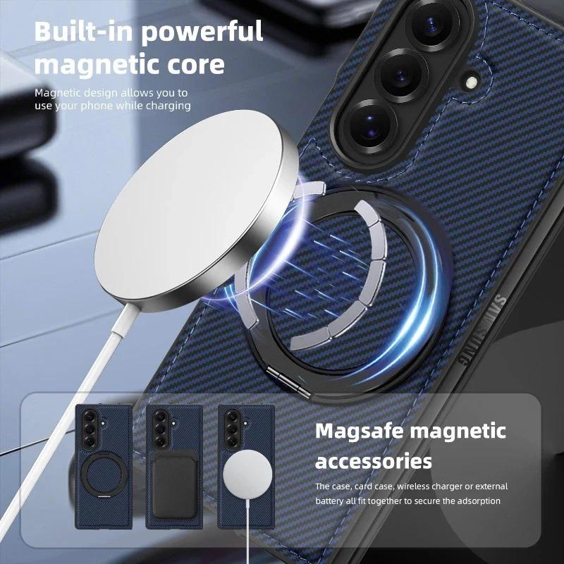 Business Carbon Fiber Texture Magnetic Case for Samsung Galaxy Z Fold 7 6 5 4 3 for Magsafe 360° Rotating Stand Protection Cover