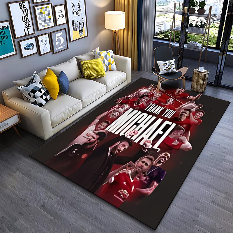 Football Club Area Rug, Thank You Michael Manchester United Players Trophy Celebration Red Print, Soccer Fan Decor, Non-Slip Mat