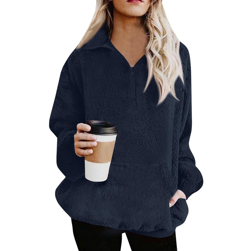 Plysjgenser for kvinner Uformell langermet genser med glidelås Tykk genser Vinter
