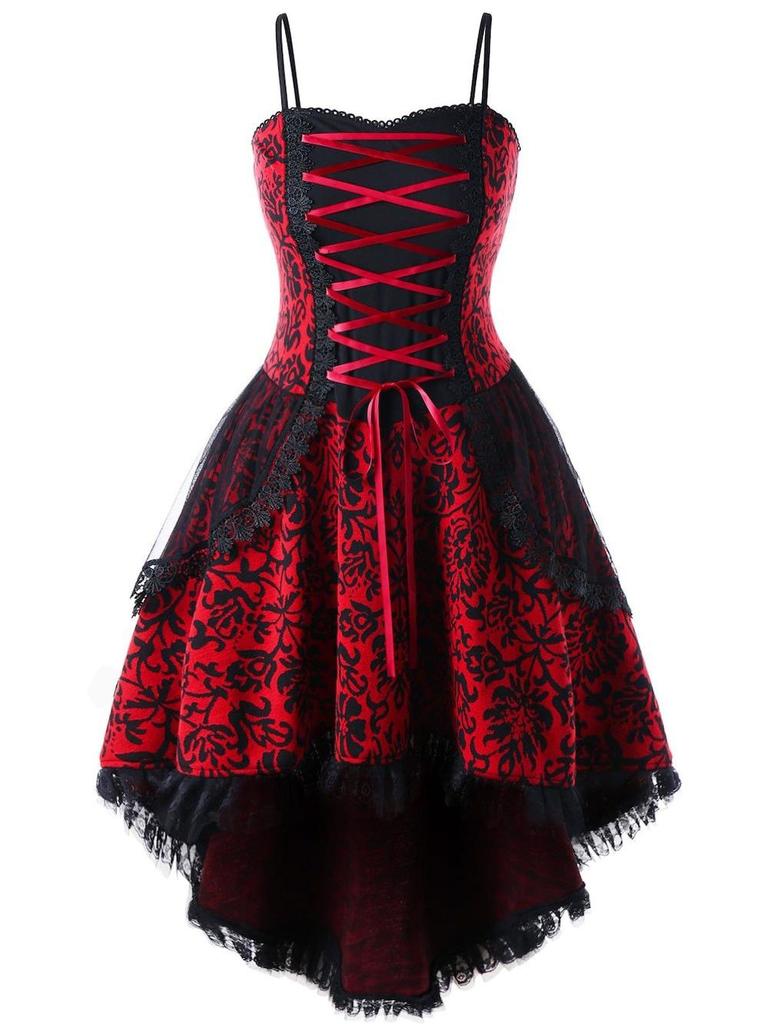 Vestido Vintage de Talla Grande con Tirantes de Encaje y Lazos con Dobladillo Irregular