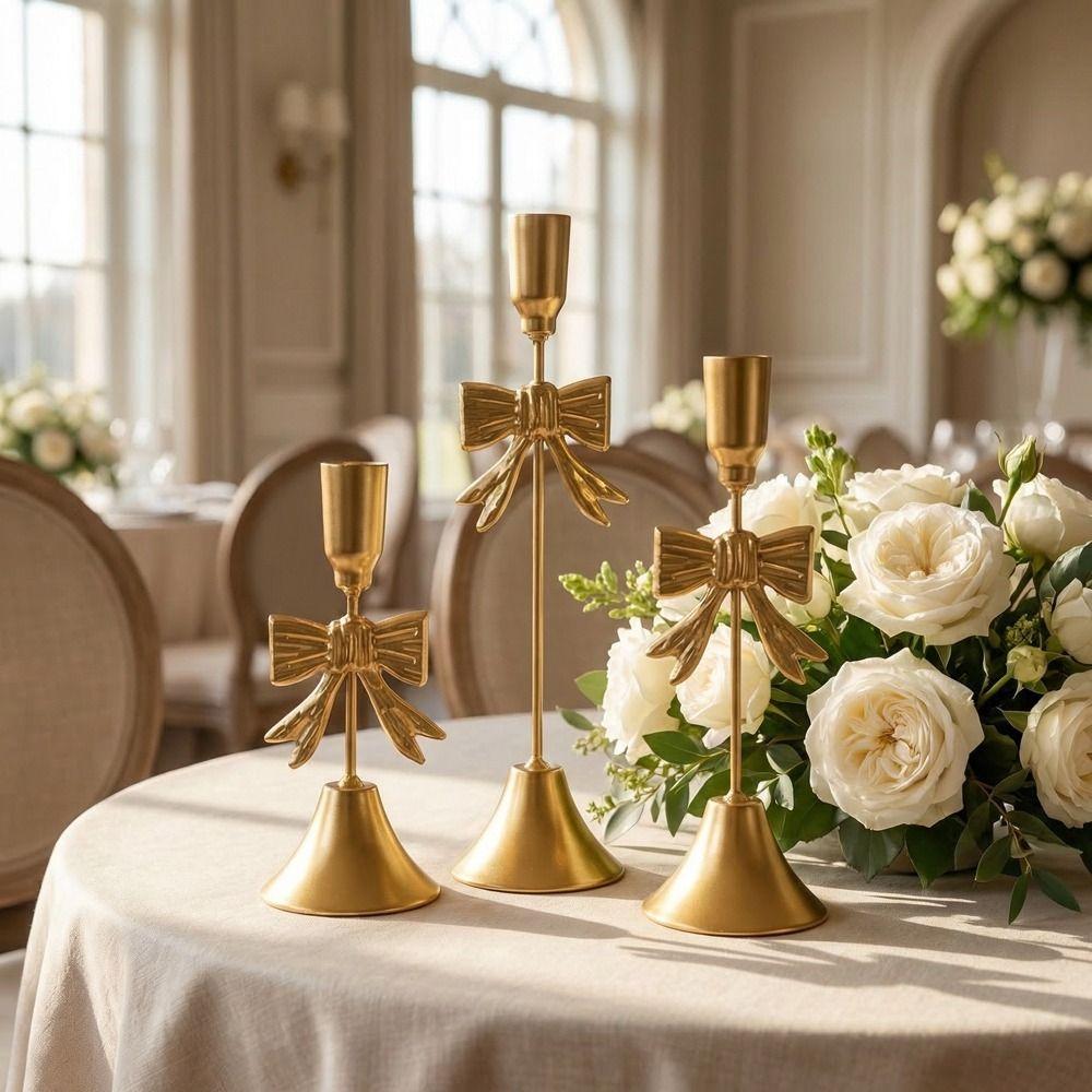 Mirror Finish Bowknot Candle Holders Vintage Iron Candlestick Decorative Stand  Wedding Decor