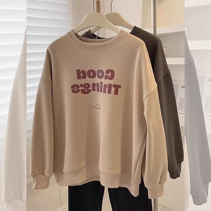 2025 American Retro Oversized Milk Tea Sweatshirt - Women's Round Neck, Thin for Spring & Autumn