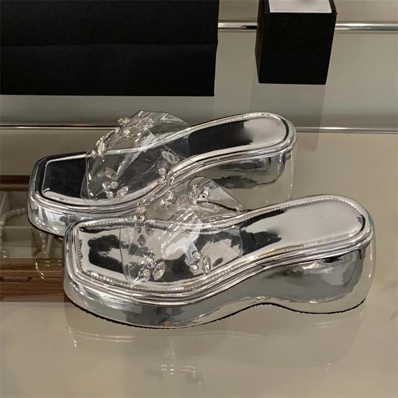 Fashion Women Shoes Diamond Transparent Slippers Women Solid Platform Wedges Shoes Women's Sandals Summer Square Toe High Heels Sandals