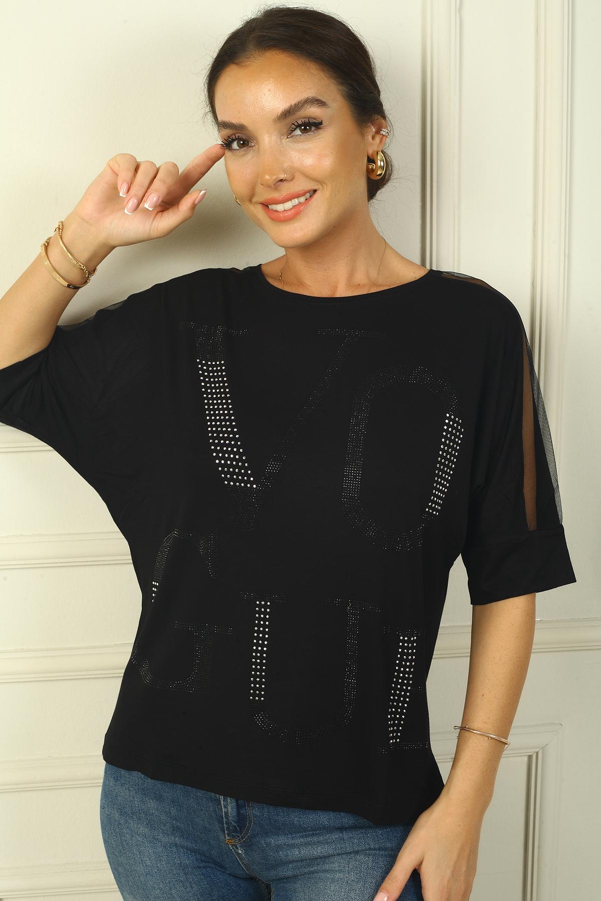 

Женская блузка широкого кроя из тюля с вышивкой спереди и буквами спереди L чёрный