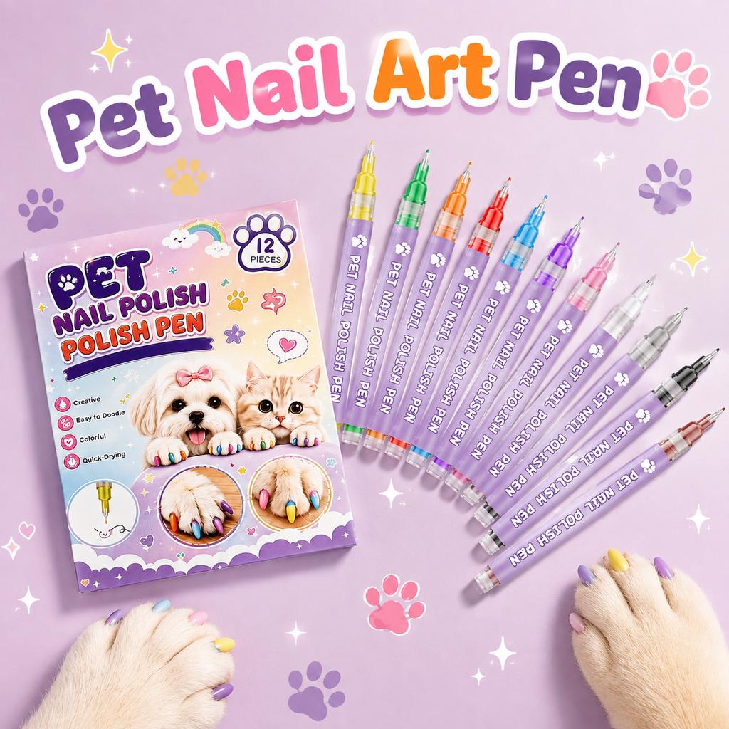 12 Colors Pet Nail Polish Pen Cat Dog Nail Art Pet Grooming Tool Washable Nail Paint Pen Quick Dry Fine Tip Pet Claw Decoration