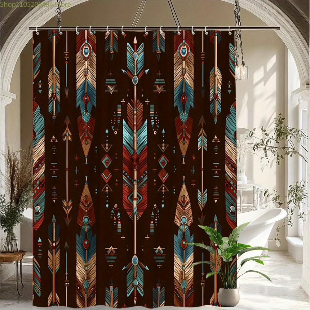 1pc Western Boho Shower Curtain - Southwestern Bathroom Decor with Teal Blue, Orange, Brown, Black, White, Gray, Beige - Extra