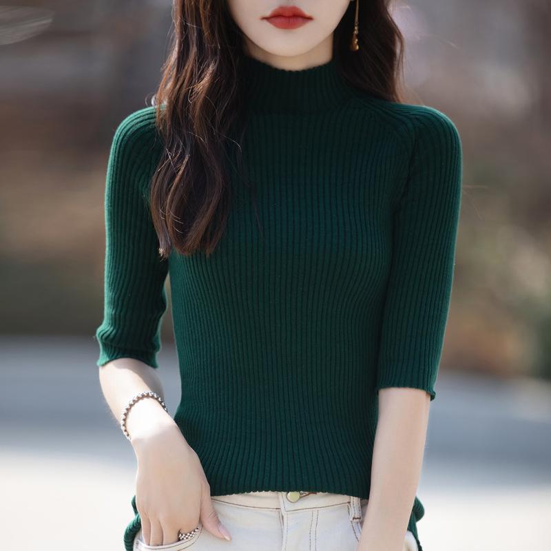 Korean Pure Cotton Mid-sleeved Sweater for Women's Summer Half-high Neck Thin Top Slim and Slim Inner Pullover Simple Half-sleeved