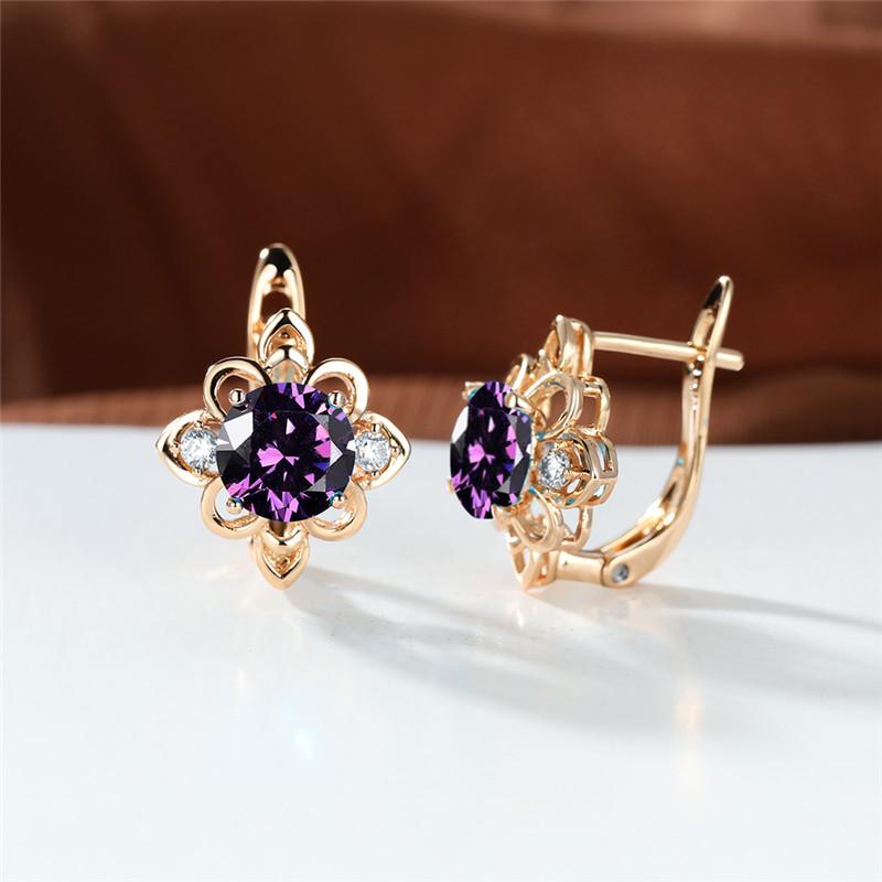 Boho Purple Round Stone Flower Clip Earrings For Women Female Gold Color Small Wedding Jewelry Gift