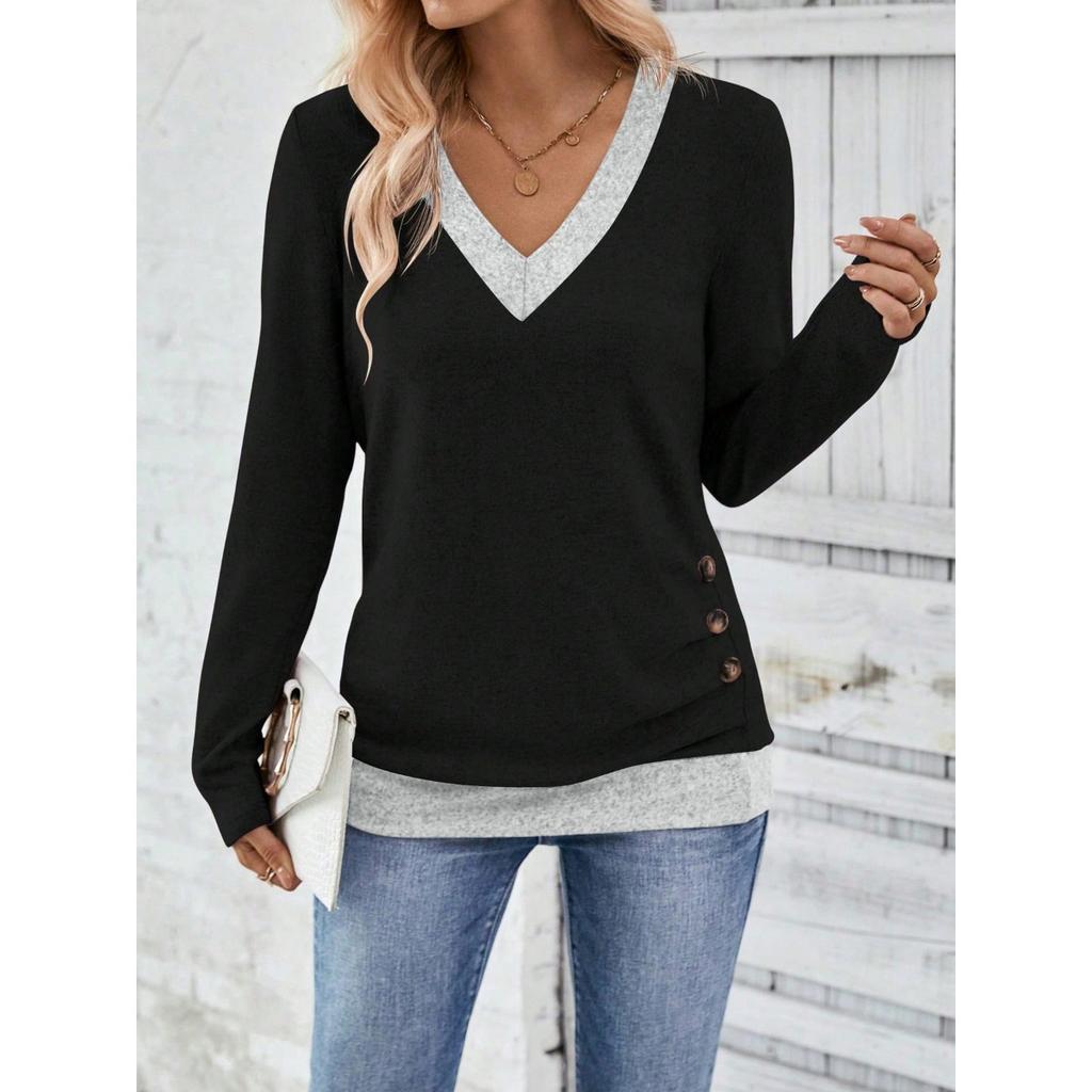 Women's V Neck Long Sleeve Basic Top Regular Fit Elegant Casual T-Shirt With Button Decor Solid Color