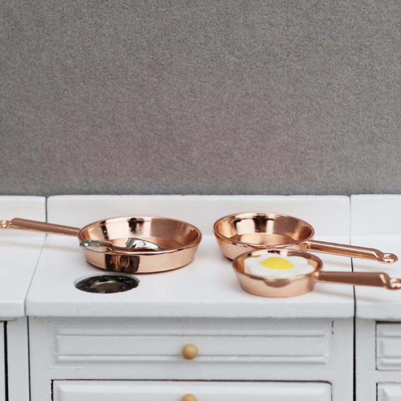 1/12 Scale Dollhouses Kitchen Accessory Metal Pans Set 3Size Miniature Frying Pans for Craft Project Model Kitchen Setting