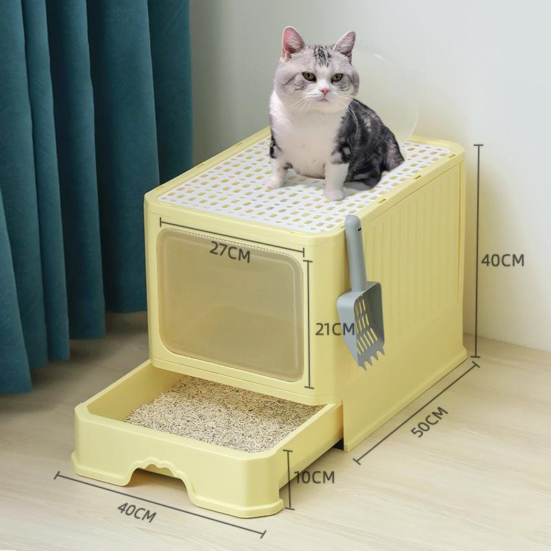 Cat Litter Box Large Enclosed With Lid And Scoop Foldable Design Top Exit Front Entry Odor Control Kitty Toilet Tray