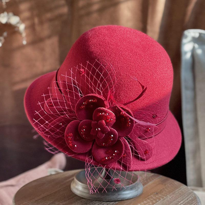 Autumn and Winter Felt Hat for Women, Round Top, Solid Color, Korean Style Fashion Flower Lady'S Hat