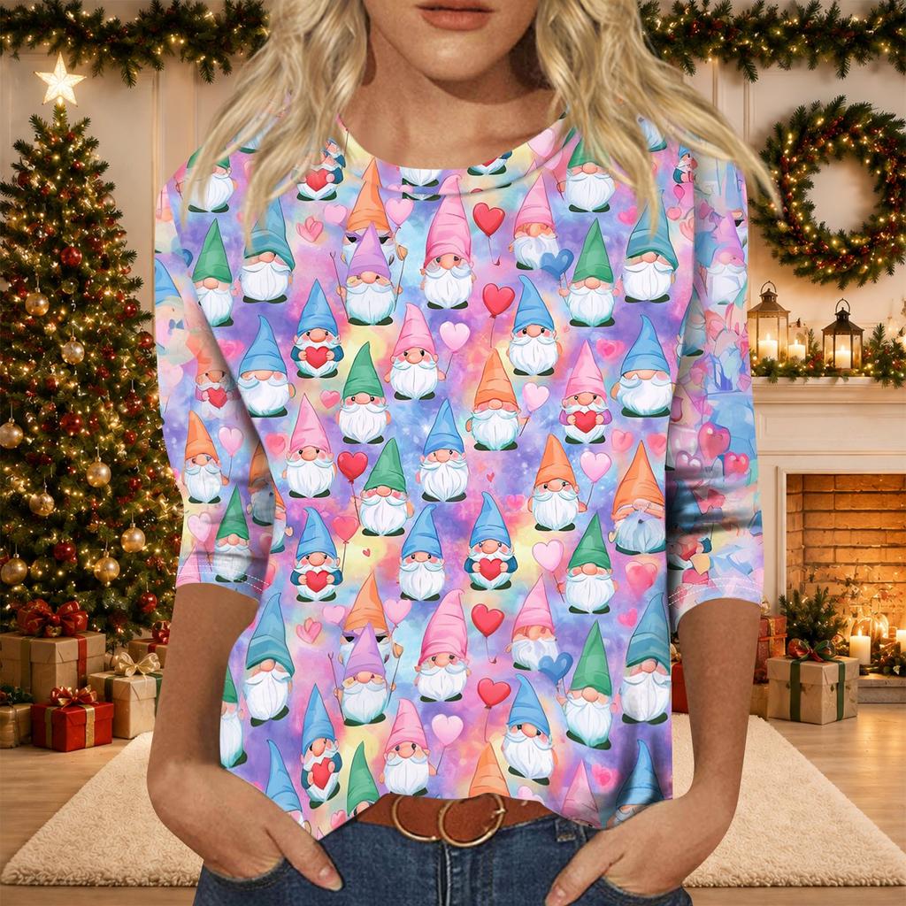 Women's Casual Three-Quarter Sleeve Christmas Print Neck Top for Giving