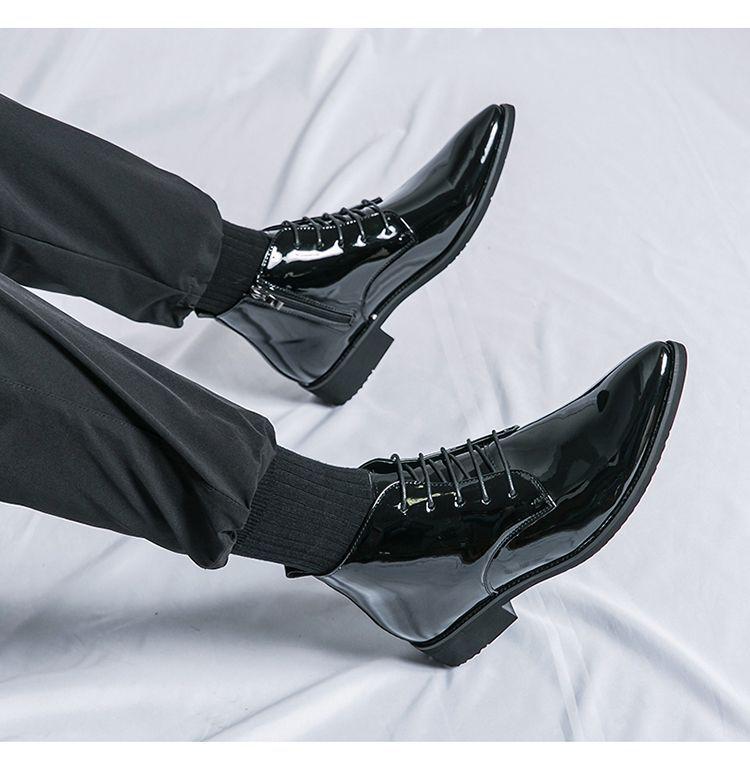 Men's Green Glossy High-Top Martin Boots - British Style Pointed Toe Chelsea Boots, Autumn Korean Trend.