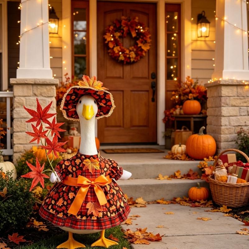 Maple Leaf Porch Bird Dress Set for Front Door Display, 21Inch Bird Statue Outfit with Matching Hat for Porch Animal Statue Decoration