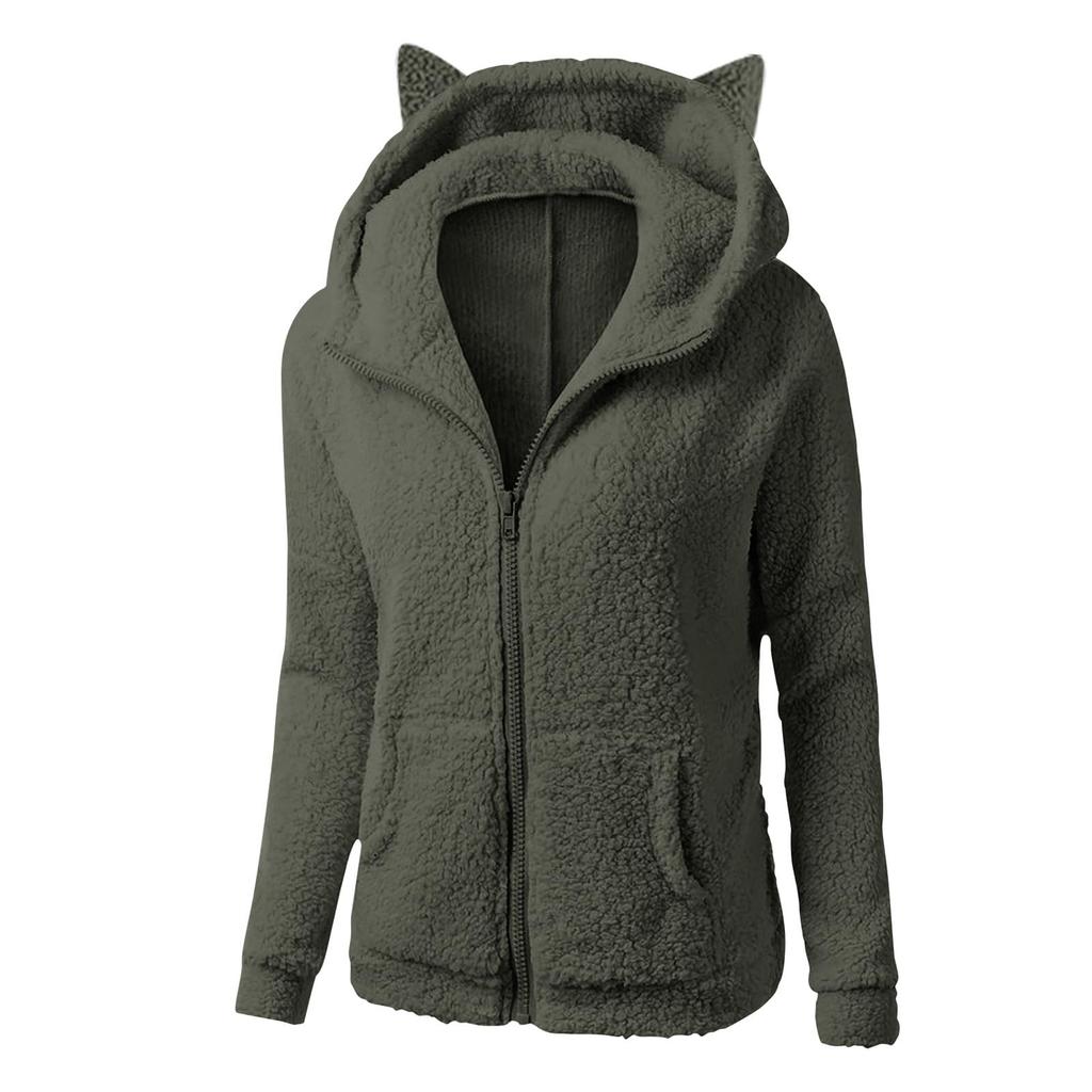 Women's Fashion Solid Color Sweatshirt Loose Hooded Fleece Zipper Jacket Top