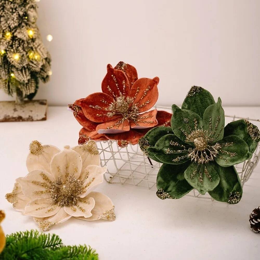 Glittering Holiday Floral Arrangement Soft Petal Artificial 26CM Flowers for Christmas Tree Winter Wedding Centerpiece Decor