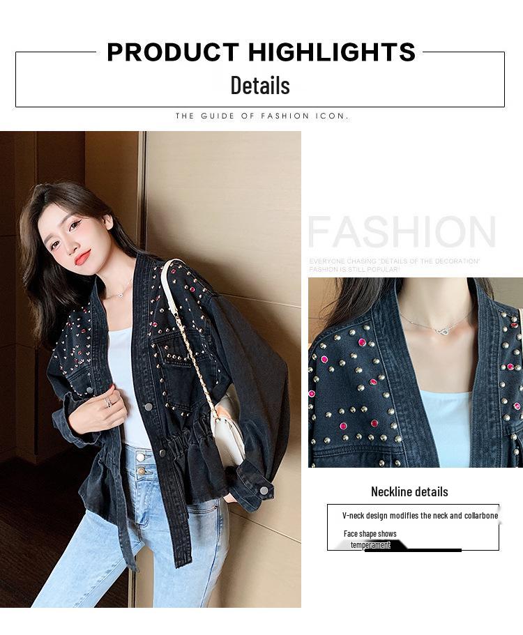 Veste en jean décontractée à col en V, style coréen, perles, pour le printemps et l'automne 2024 - Haut polyvalent amincissant pour la taille, mode femme