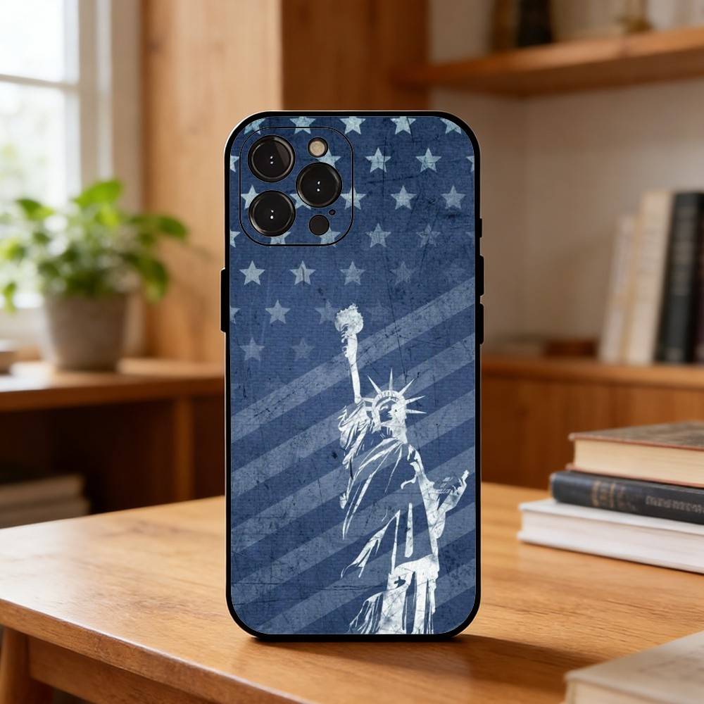Statue L-Liberty America USA Flag Phone Case For iPhone17,16,15,14,13,12,Plus,Pro Max, 5G Others Soft Black Cover