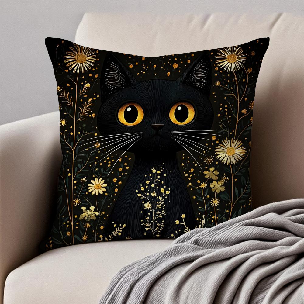 Art Black Cat Cushion Cover Pillowcase Antidustmite Invisible Zipper Short Plush Sofa Cushion