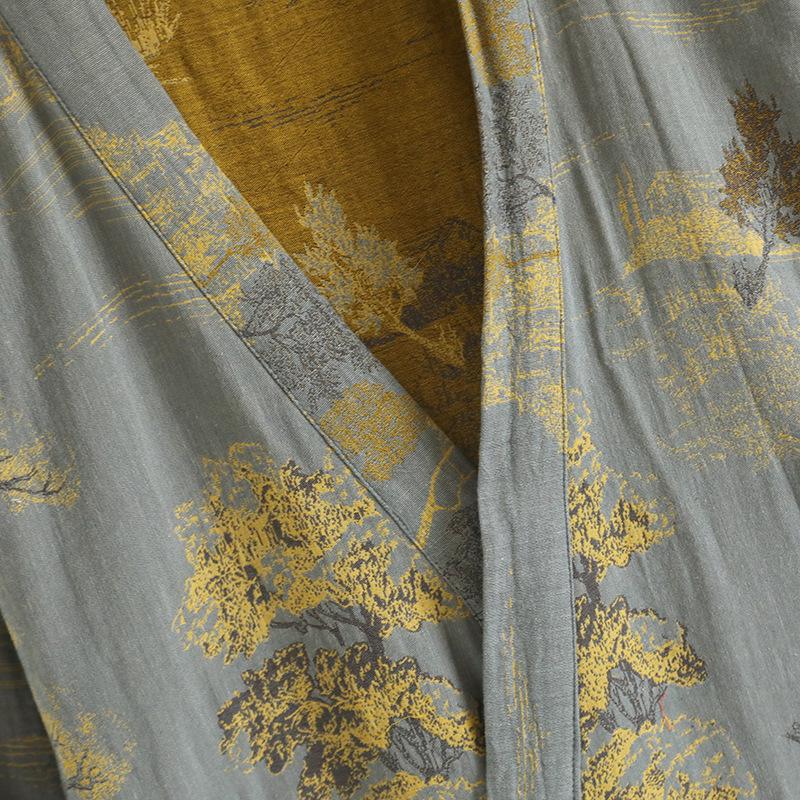 Men's Pure Cotton Jacquard Kimono Robe - Loose Fit, Plus Size, Ideal for Spring to Autumn Sleepwear and Sauna.