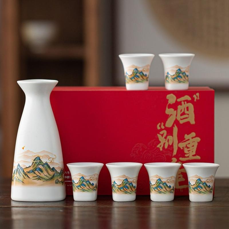 7Pcs/Set Japanese Sake Set Vintage Ceramic Wine Glass Wine Cup Set Traditional Household Drinkware Creative Barware Gift Box