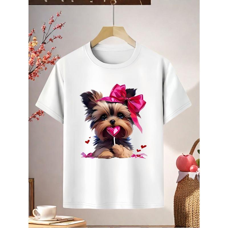 European sizes Girls' Yorkshire Terrier Puppy T-Shirt - Soft Summer Top with Yorkie Dog & Bow Print, Round Neck Casual Blouse for