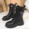 Fashion Women's Black PU Leather Mid Calf Boots Fashion Buckle Strap Platform Short Boots Women Thick Sole Non Slip Motorcycle Shoes