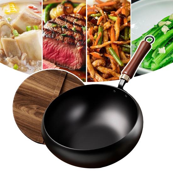 Forged Iron Wok with Wooden Lid Nonstick Skillet Pot Even Heating Fry Pan for Gas Stove Induction Cooker Ergonomic Handle Cooking Pot