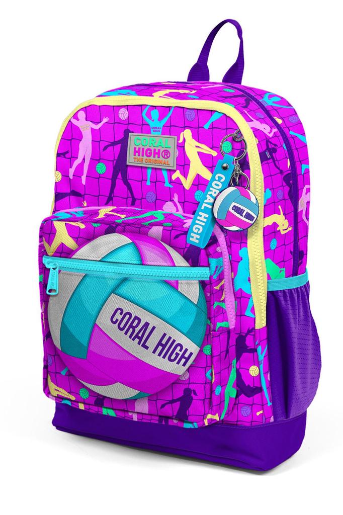 coral high Schulrucksack mit Volleyball-Muster für Kinder, Rosa, Lila, 23761