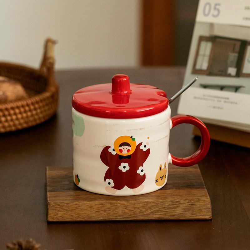 A Family Retro Ceramic Mug High Looking Household Couple Breakfast Cup with Lid Spoon Souvenir