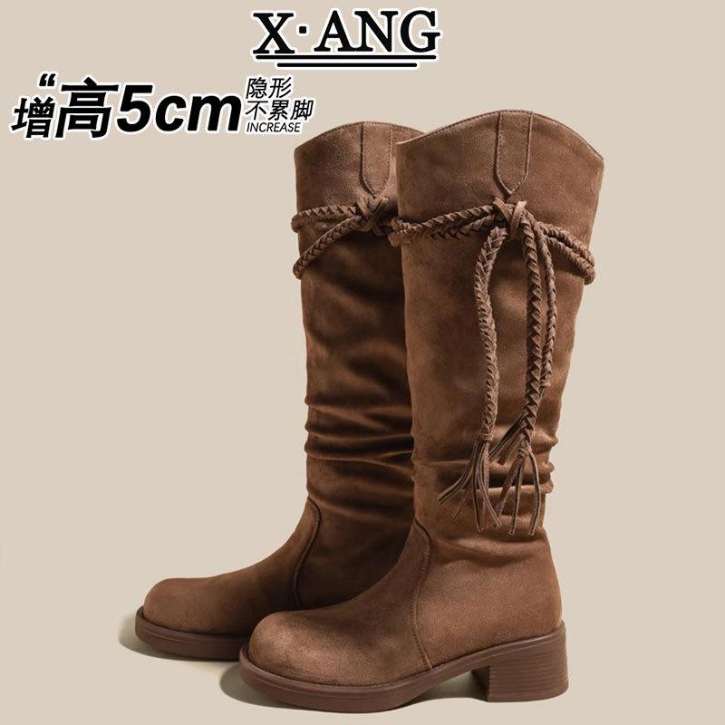 Cowhide Version Wasteland Wind Knight Boots Children But Knee High Boots Fringed Stacking Boots Thick Heel Thin Long Boots