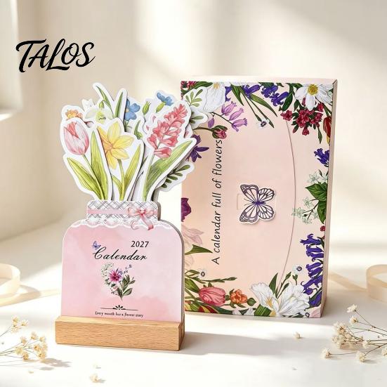 Floral And Cat Theme Calendar 2027 Flower Desk Calendar, English Tabletop with Wooden Base, Monthly Planner For & Decorative for Office Home