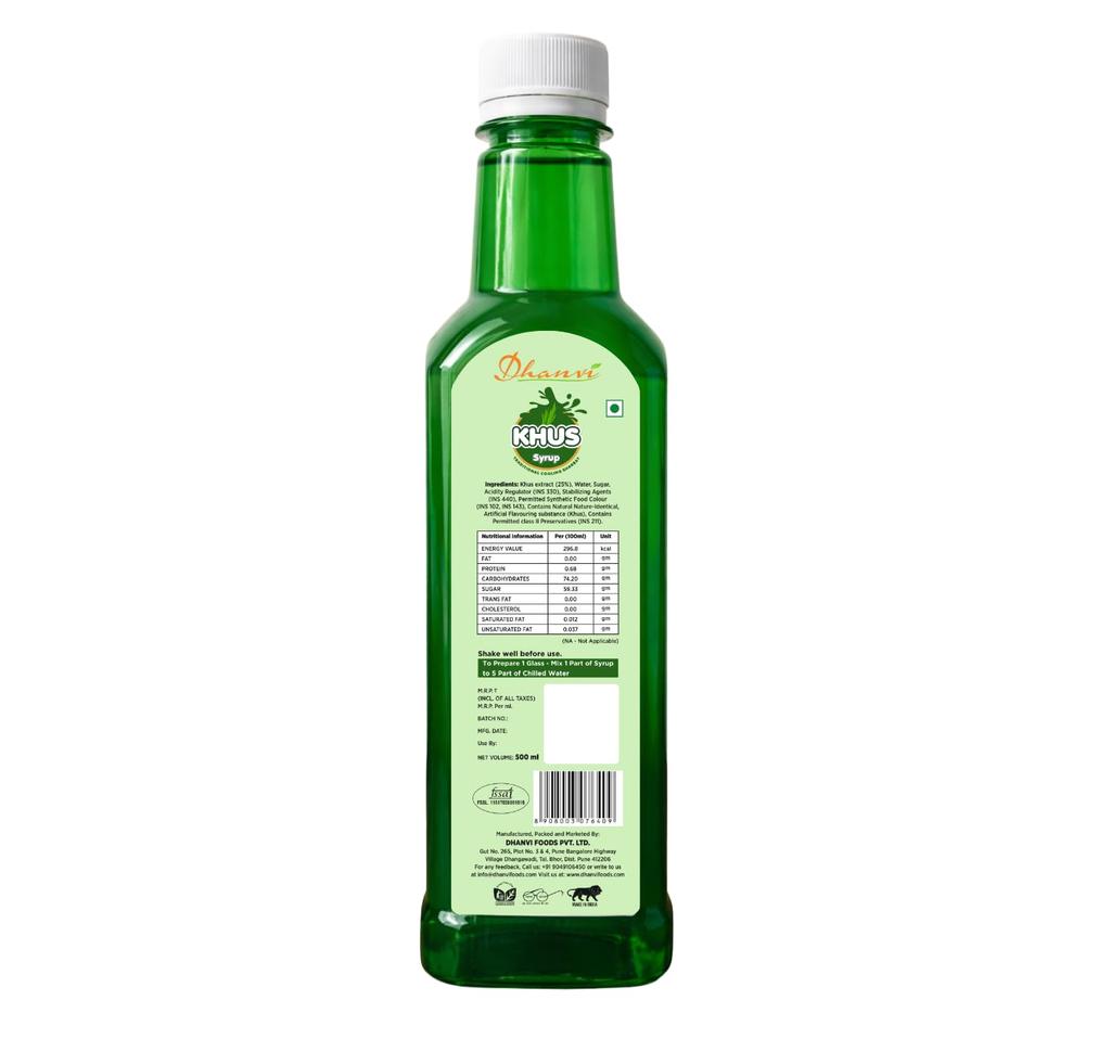 Dhanvi Khus Syrup - Natural Khus Extract Sharbat | Refreshing Cooling Drink Mix for Mocktails, Cocktails, Falooda, Milkshakes | Rich & Bold Flavor