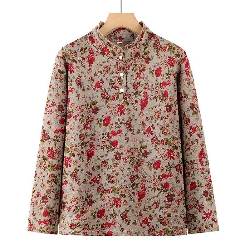 Long-sleeved semi-turtleneck thickened bottoming shirt winter T-shirt warm floral autumn clothes old lady