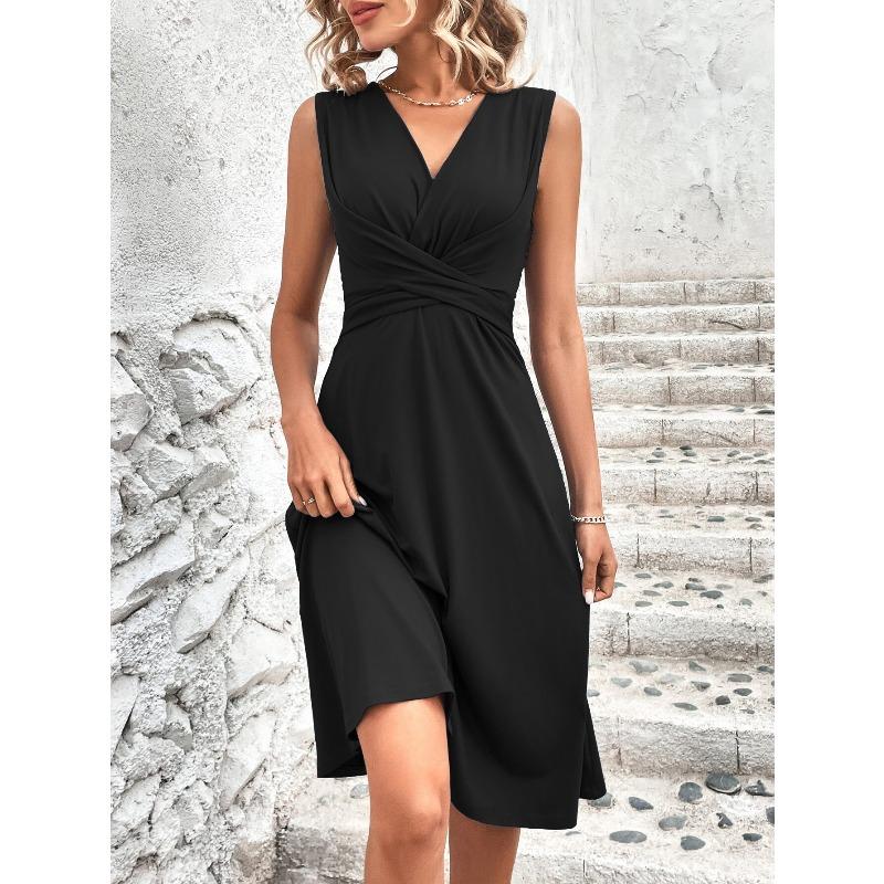 Women s V‑Neck Cross Waist Ruched Sleeveless A‑Line Midi Dress S чёрный