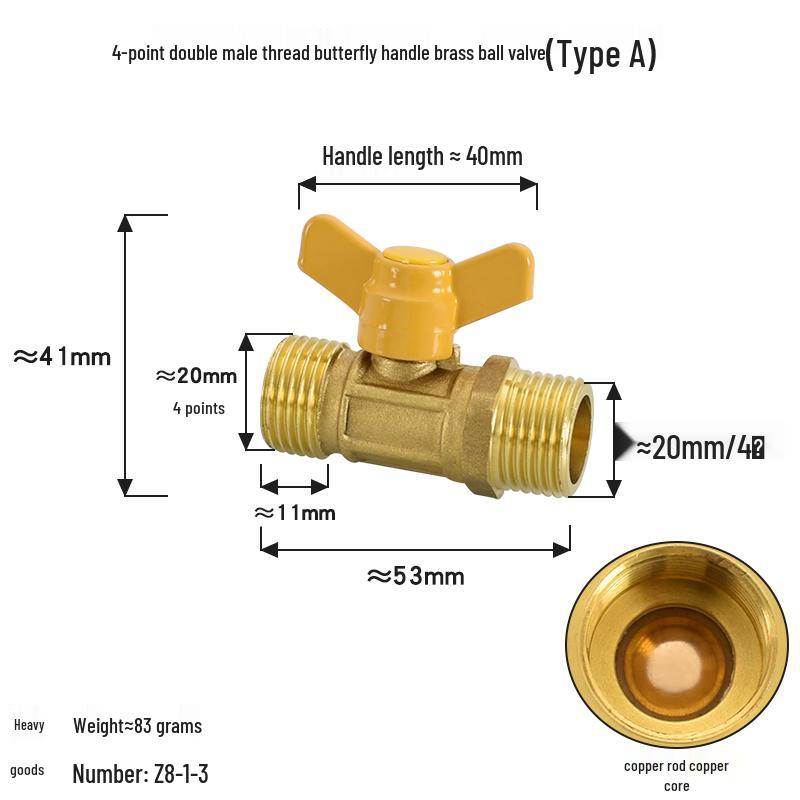 Brass Ball Valve with Copper Core: Male/Female, Double Female, 1/2", 3/4", 1" Sizes, for Water and Gas Pipes.