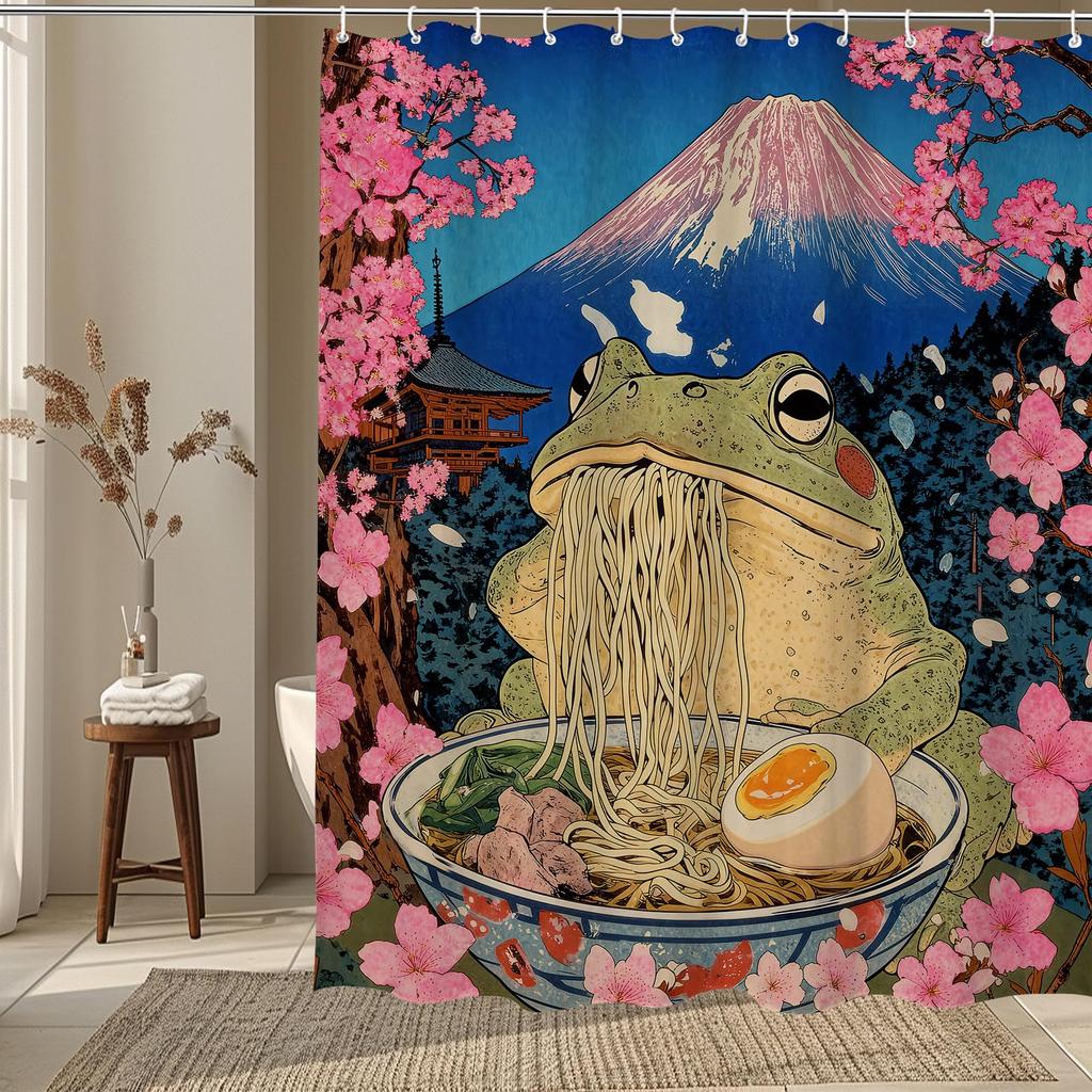 Funny Japanese Cat Sunset Shower Curtain, Vintage Anime Ocean Wave Kitten Decor, Artistic Waterproof Washable