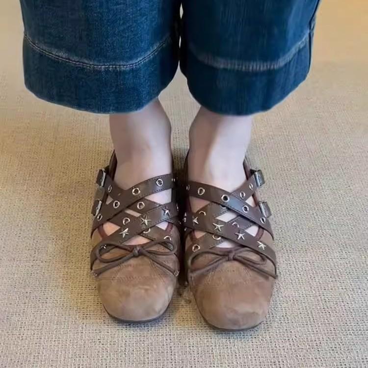 Soft leather version~ Cross with frosted leather bow Mary Jane shoes women's retro flat-bottomed sports ballet single shoes