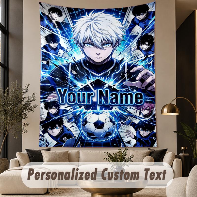 Custom Text Printed Tapestry Blue Lock Pattern Large Wall Hanging Indoor Room Decor