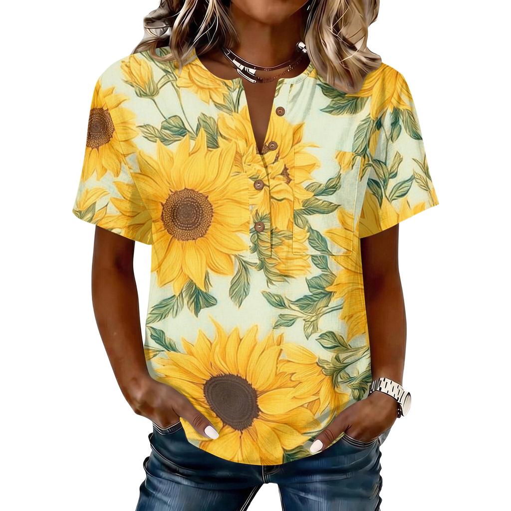 Women’s Short Sleeve Cotton Linen Henley Shirt with Sunflower Print and Button Front Casual Loose Fit Top for Summer Spring