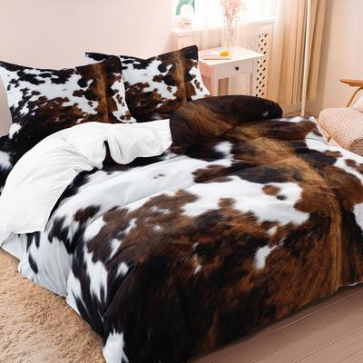 3 Piezas Patrón de Vaca Marrón y Negro Cubreduvet Estampado de Cuero de Yak Incluido 1*Cubreduvet y 2 Fundas de Almohada( Edredón No Incluido)