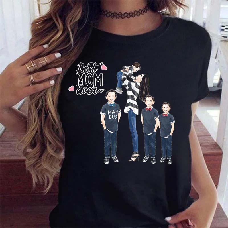 Maycaur Women Cartoon Mom Mother Boy Girl Print Mother Lady T-shirts Casual Top T Shirt Ladies Womens Graphic Female Tee T-Shirt