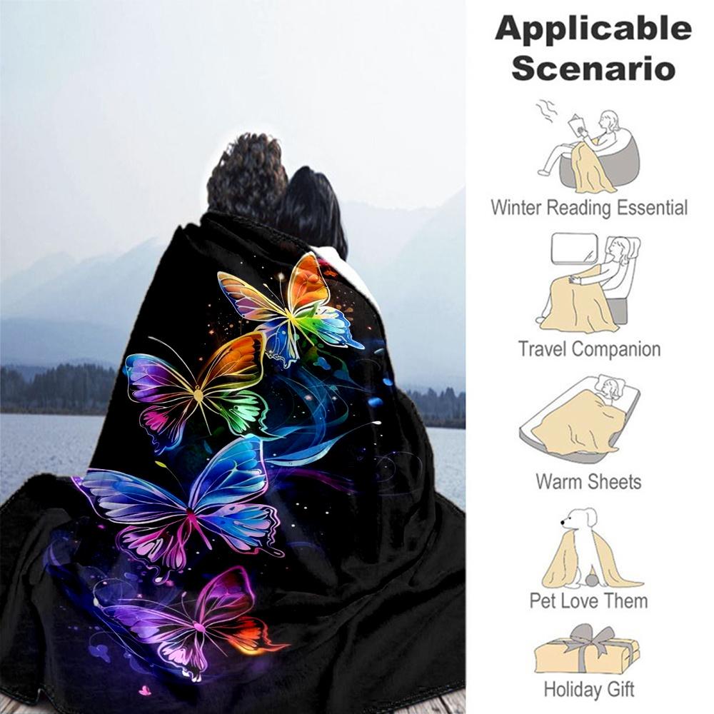 1pc Butterflies, Rainbow Flannel Blanket, Comfortable and Warm Blanket, for Camping Sofa Bed and Couch Office046