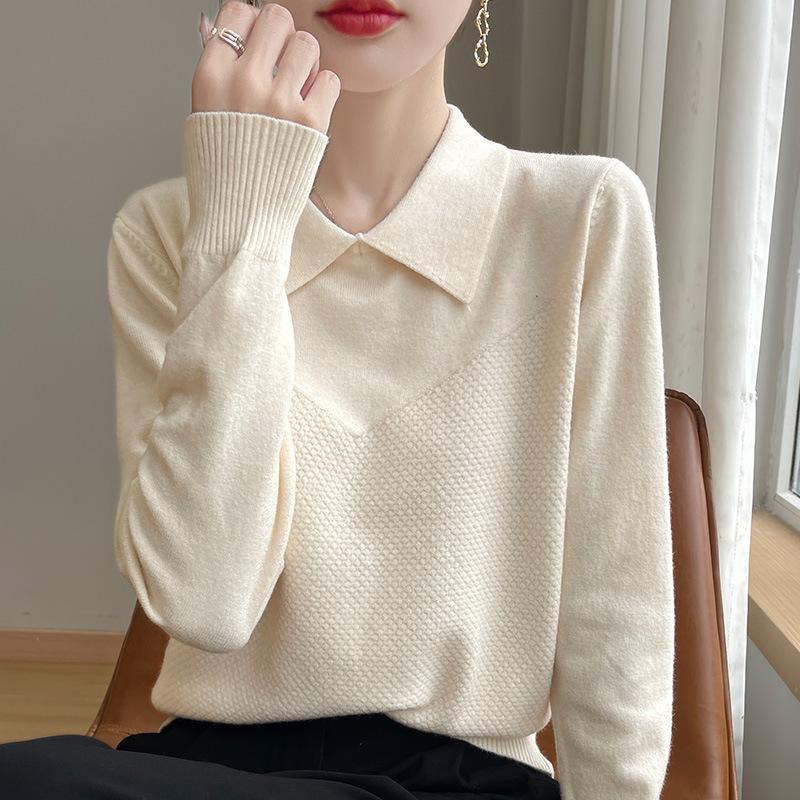 

Women s Versatile Solid Color Knitted Sweater with POLO Collar - Spring & Autumn Pineapple Stitch Pullover M (96-108 jin) бежевый