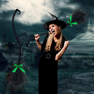 Halloween Witch Broom with Ribbon Realistic Magic Broom Decoration Cosplay Prop Halloween Party Supplies