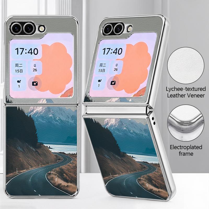 Mountains and Rivers Scencery Case For Samsung Galaxy Z FlIP 7 FE 6 5 Plating PC+PU Leather Hybrid Folding Cover For Samsung Z Flip7 Flip6 Flip5