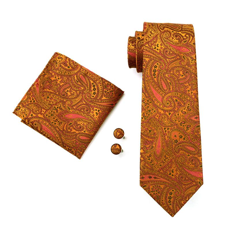 Dibangu Ties for Men Orange New Design Silk Tie Mens Necktie Hanky Cufflink Alloy Ring and Tie Tack Pin Set for Formal Party